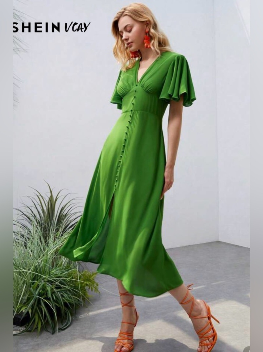 SHEIN Bright Green V-Neck Button-Front Midi Dress